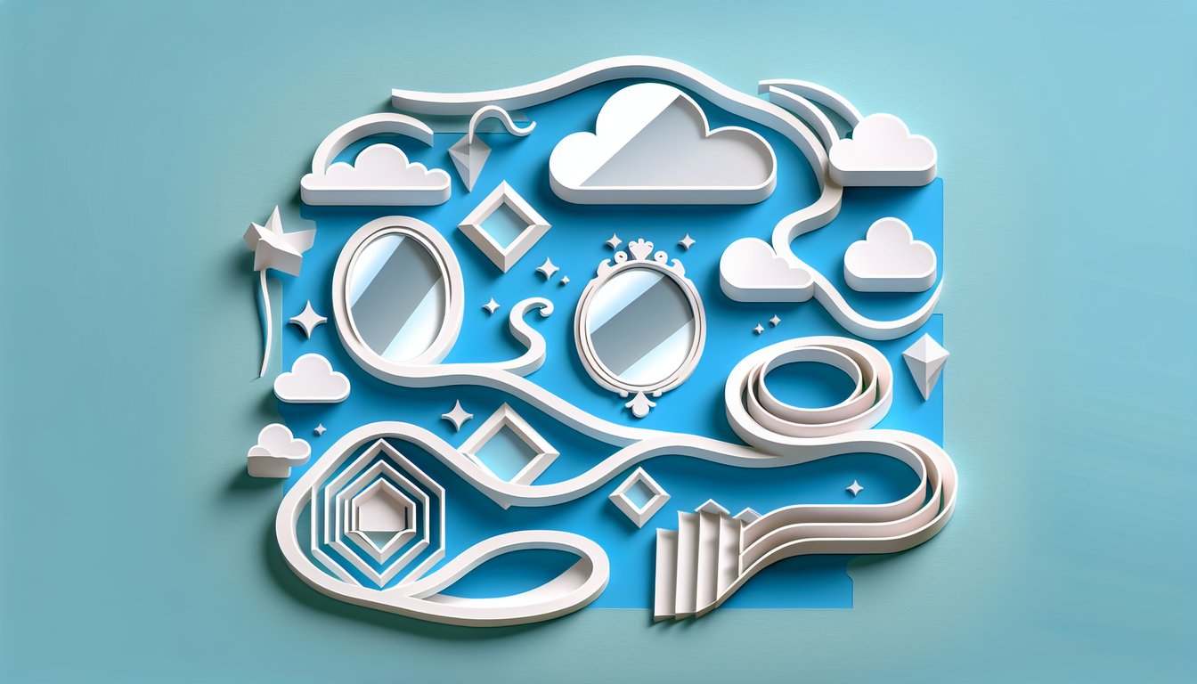 Layered paper silhouette with unfolding puzzle pieces and abstract shapes on sky blue background evoking self discovery