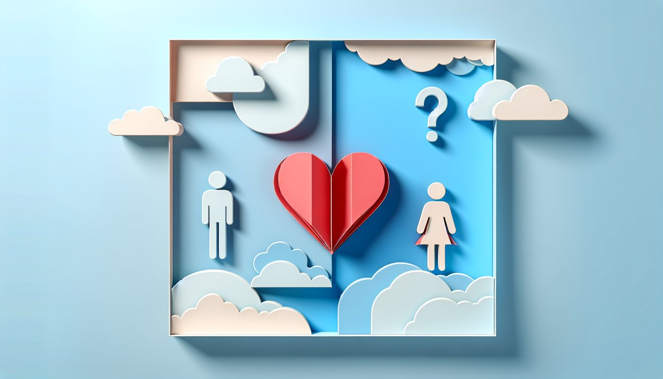Paper art illustration of a man wondering about a woman on sky blue background with subtle hearts and does she like you quiz
