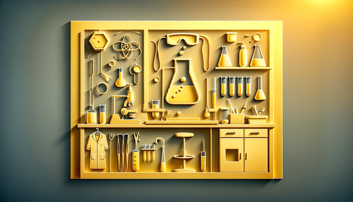 Paper art illustration of test tubes beakers safety goggles on golden yellow background for middle school lab safety quiz