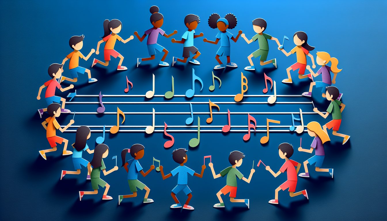 Paper art depicting a trivia quiz, Name That Note Showdown, for middle school music students.