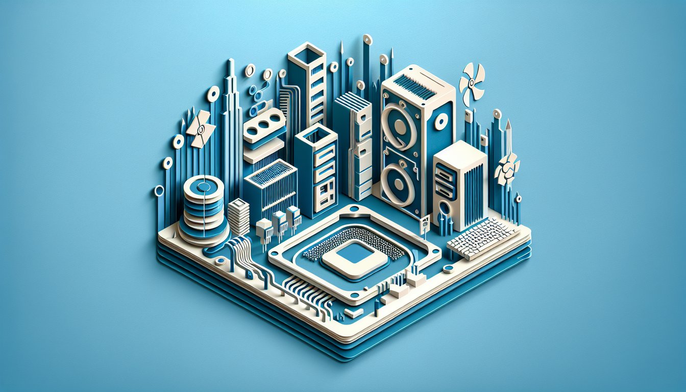 Paper art style illustration depicting Windows XP startup hardware components and quiz theme on sky blue background.