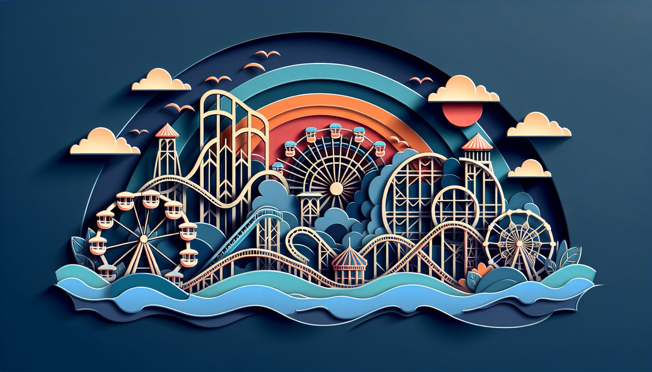 Paper art quiz illustration featuring amusement park trivia on a dark blue background