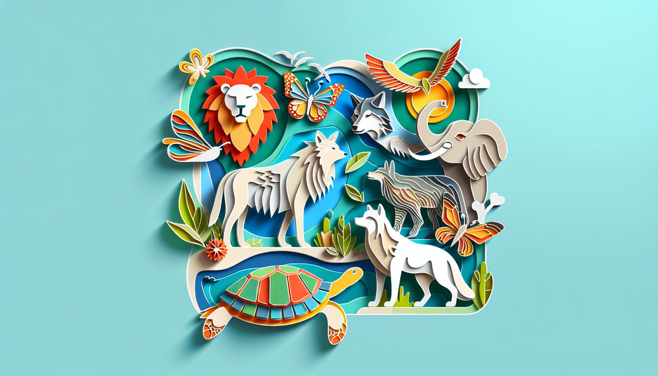 Paper art illustration for a personality-based favorite animal quiz on a sky blue background.