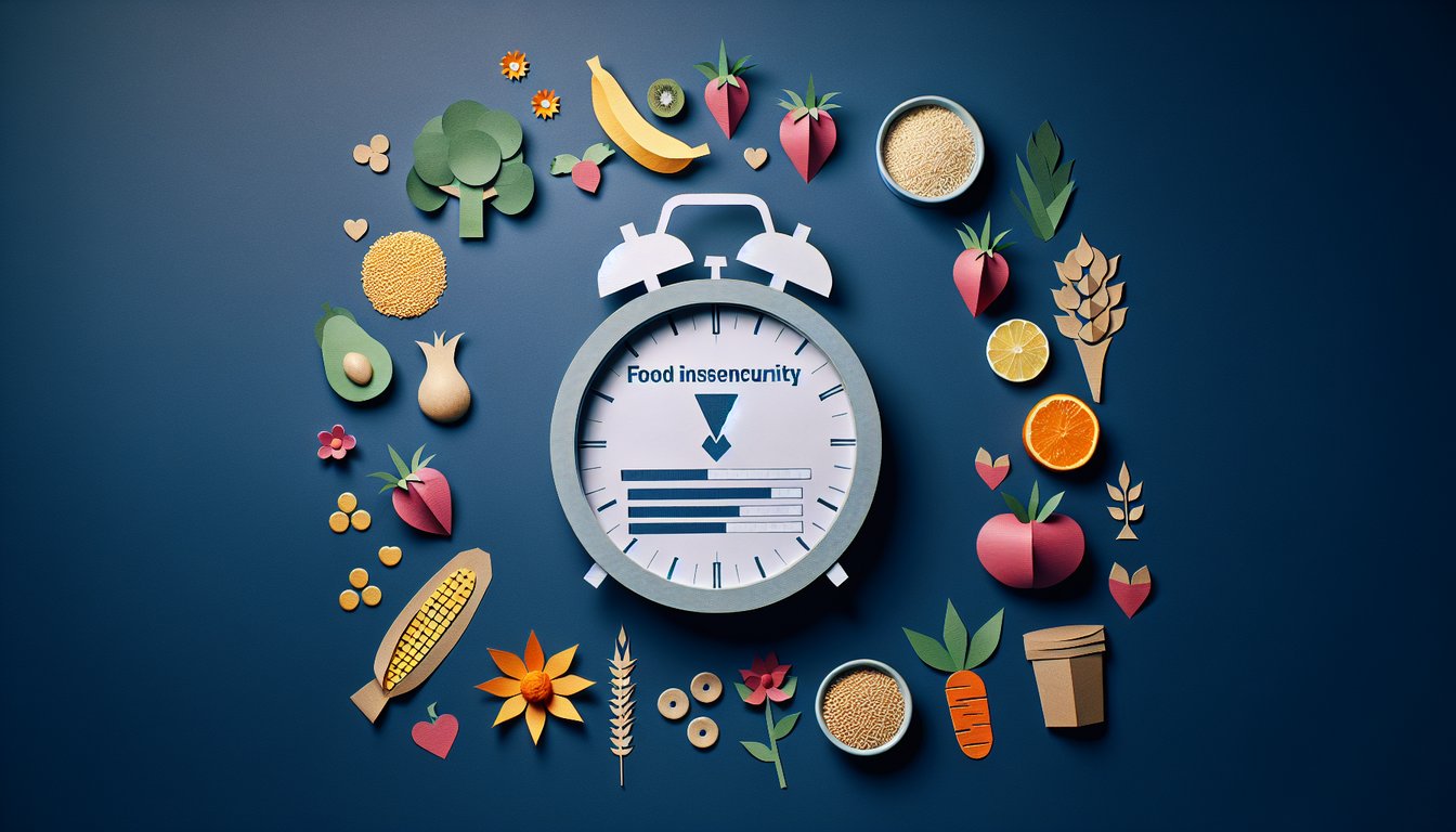 Colorful paper art depicting elements related to a quiz on food insecurity knowledge test