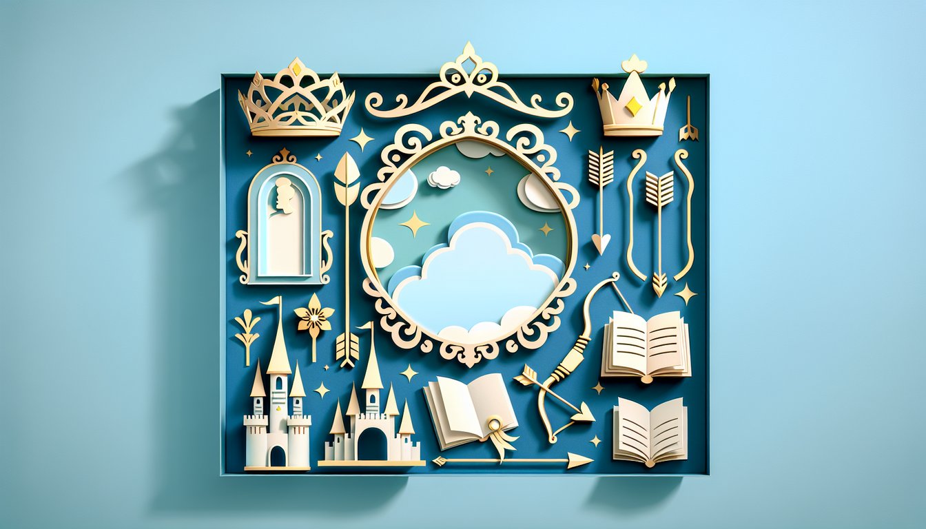 Paper art scene with castle crown hearts and princess silhouettes on sky blue background for personality quiz