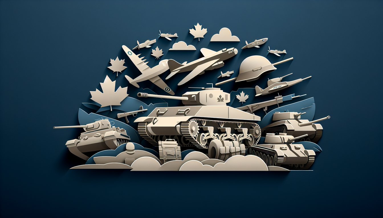 Paper art illustration of soldier tank medal and map on dark blue background for Canadian WWII trivia quiz