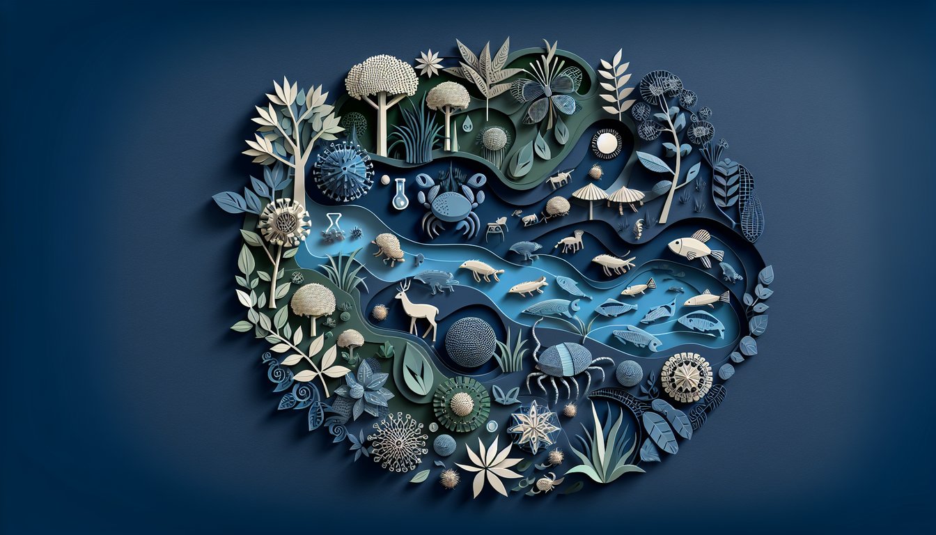 Paper art scene of ecosystem food web with plants insects birds fish mammals on dark blue background