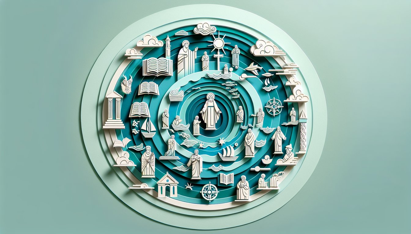 Paper art illustration with open Bible pages crosses and scrolls on teal background for New Testament quiz