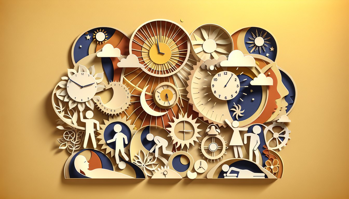 paper art style morning sun evening moon clock and person stretching on golden yellow background