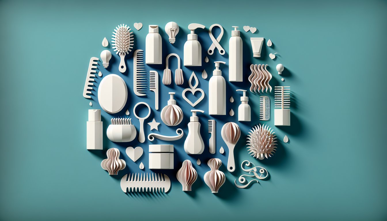 Paper art illustration of free haircare quiz invite featuring shampoo bottles hair tools hair strands on teal background