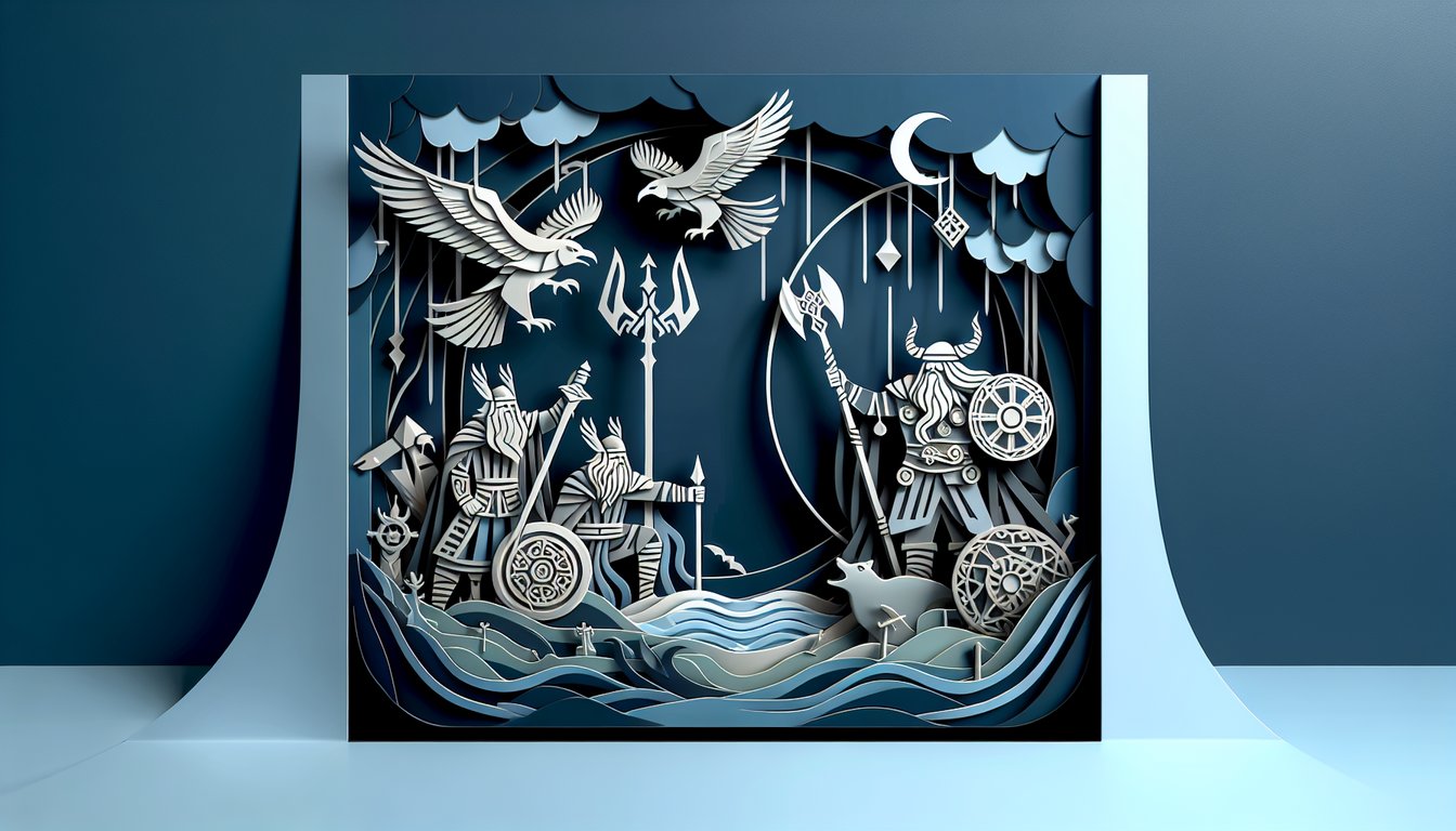 Paper art illustration for Norse mythology trivia quiz featuring Odin, Thor, Aesir vs Vanir on dark blue background