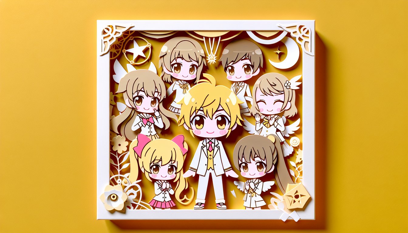 Paper cut illustration of Mew Mew Power magical girl silhouettes with quiz text on golden yellow background