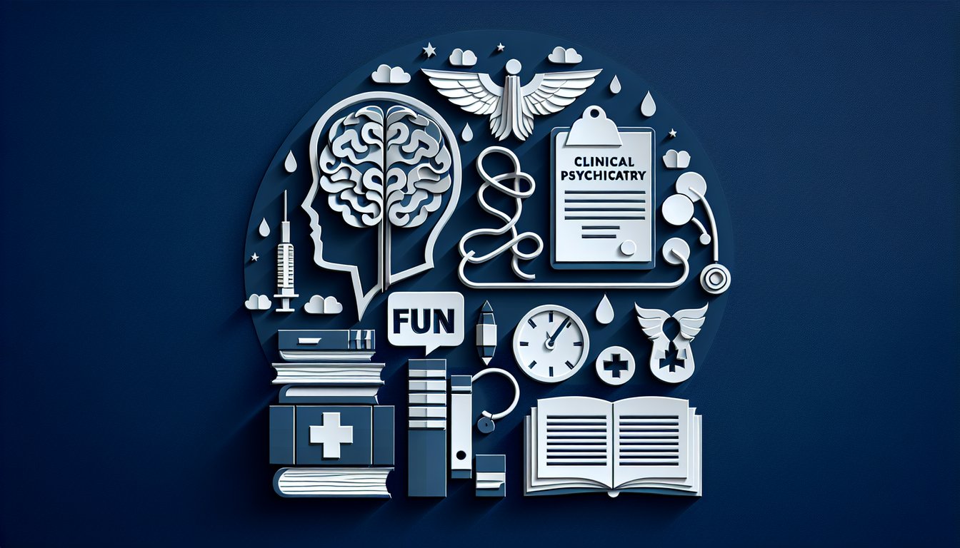 Colorful paper art featuring symbols related to Clinical Psychiatry Knowledge Quiz.