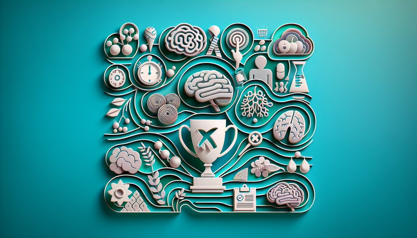 Paper cutout brain surrounded by medical icons on teal background quiz about multiple sclerosis symptoms and risk factors