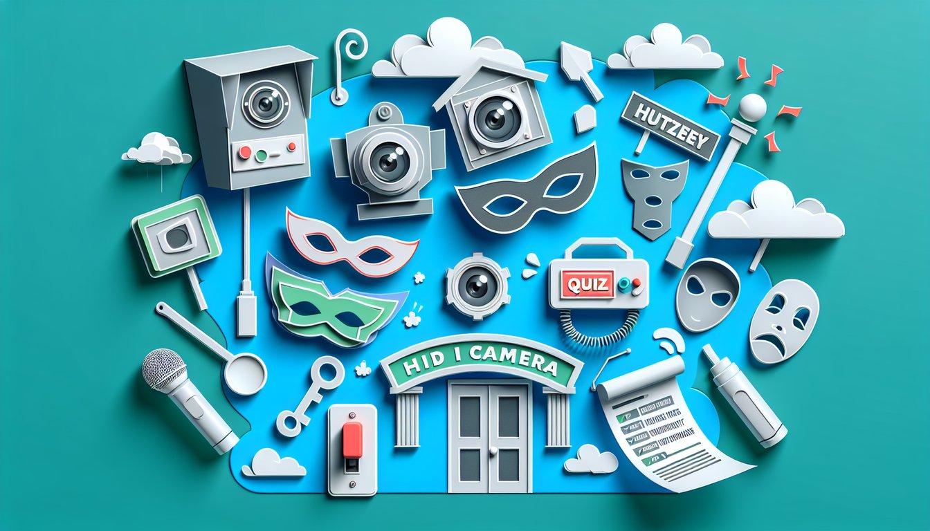 Paper art illustration for Impractical Jokers quiz on hidden camera pranks and punishments on teal background