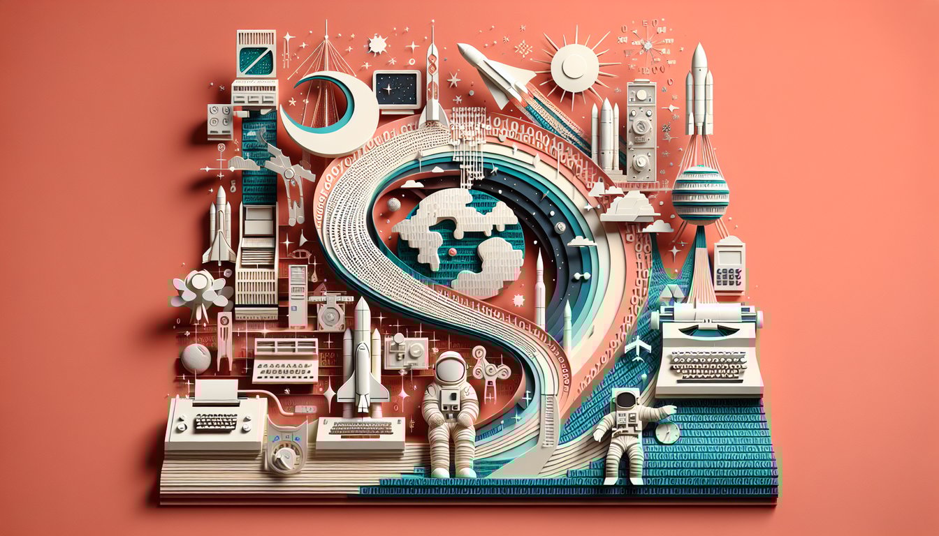 Paper art style illustration of Margaret Hamilton next to code symbols and NASA contributions banner on coral background