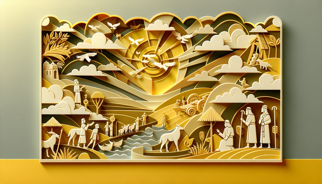 Paper art illustration for Samson quiz featuring epic scenes from Judges 13-15 on golden yellow background