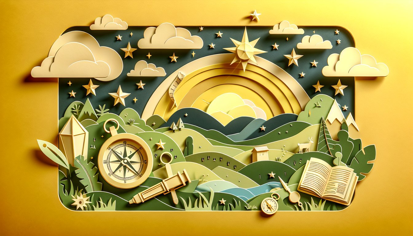 Paper art illustration showing Pokemon explorers and dungeon elements on golden yellow background for a personality quiz.
