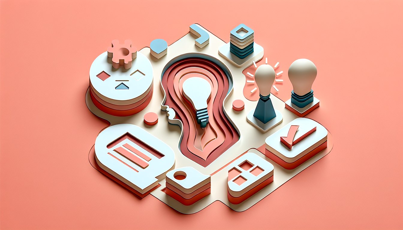 Paper art quiz layout with true false cards question marks and check marks on coral background for self knowledge test