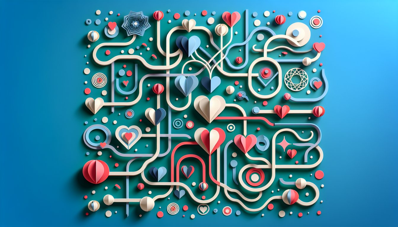 Paper art illustration for polyamory personality quiz on a teal background