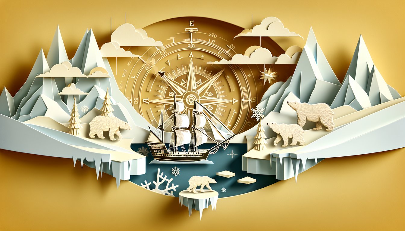 Paper art illustration showing explorer ship and Arctic map outlines on golden yellow background for Vitus Bering quiz.