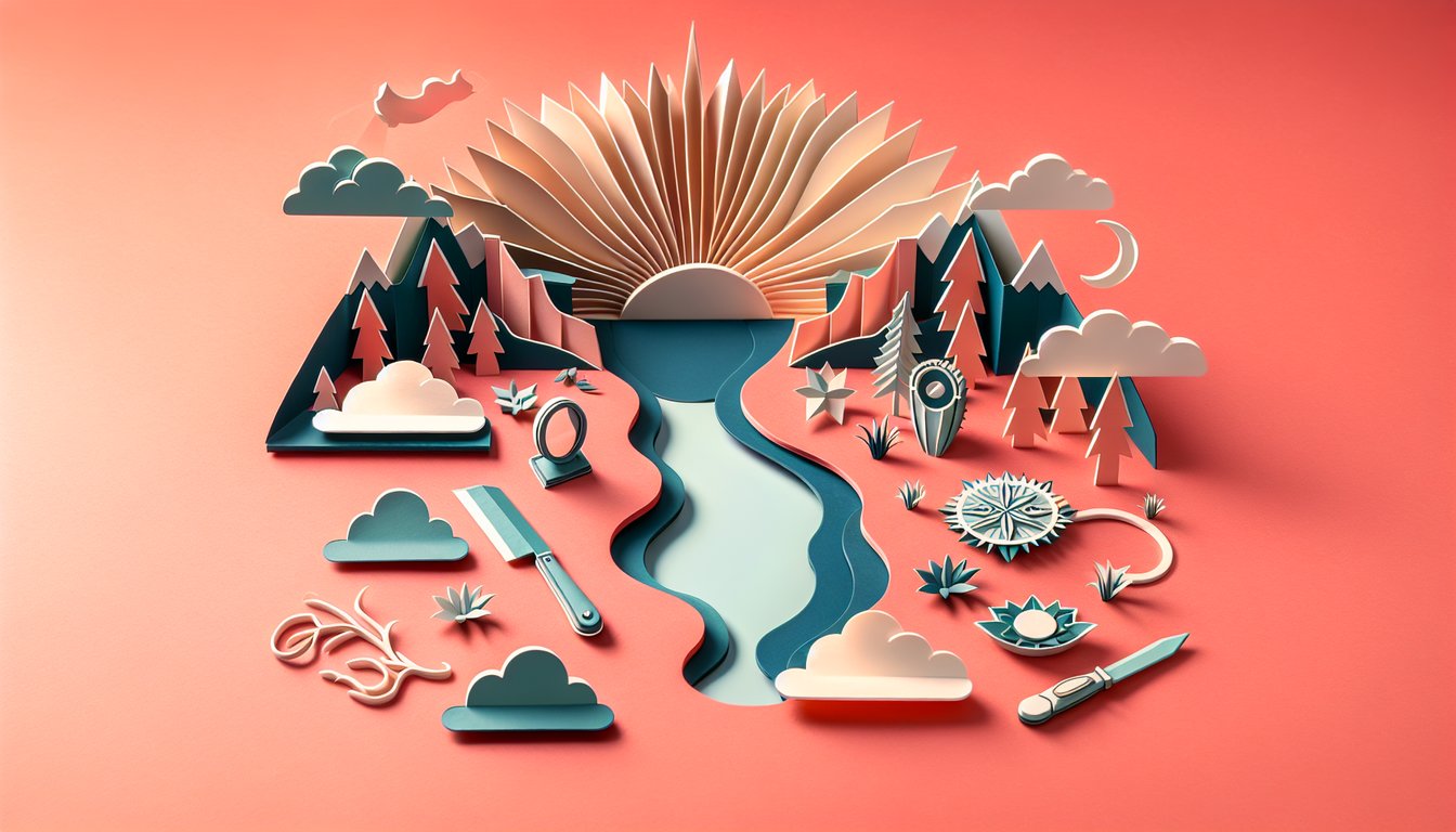 Paper art illustration for alter ego quiz on a coral background, encouraging self-discovery.