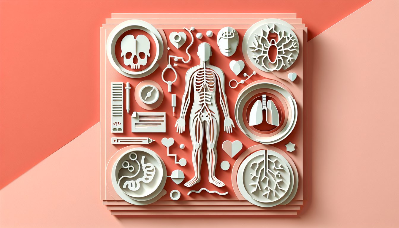 Paper art illustration of layered human skeleton and organs on coral background for anatomy trivia quiz