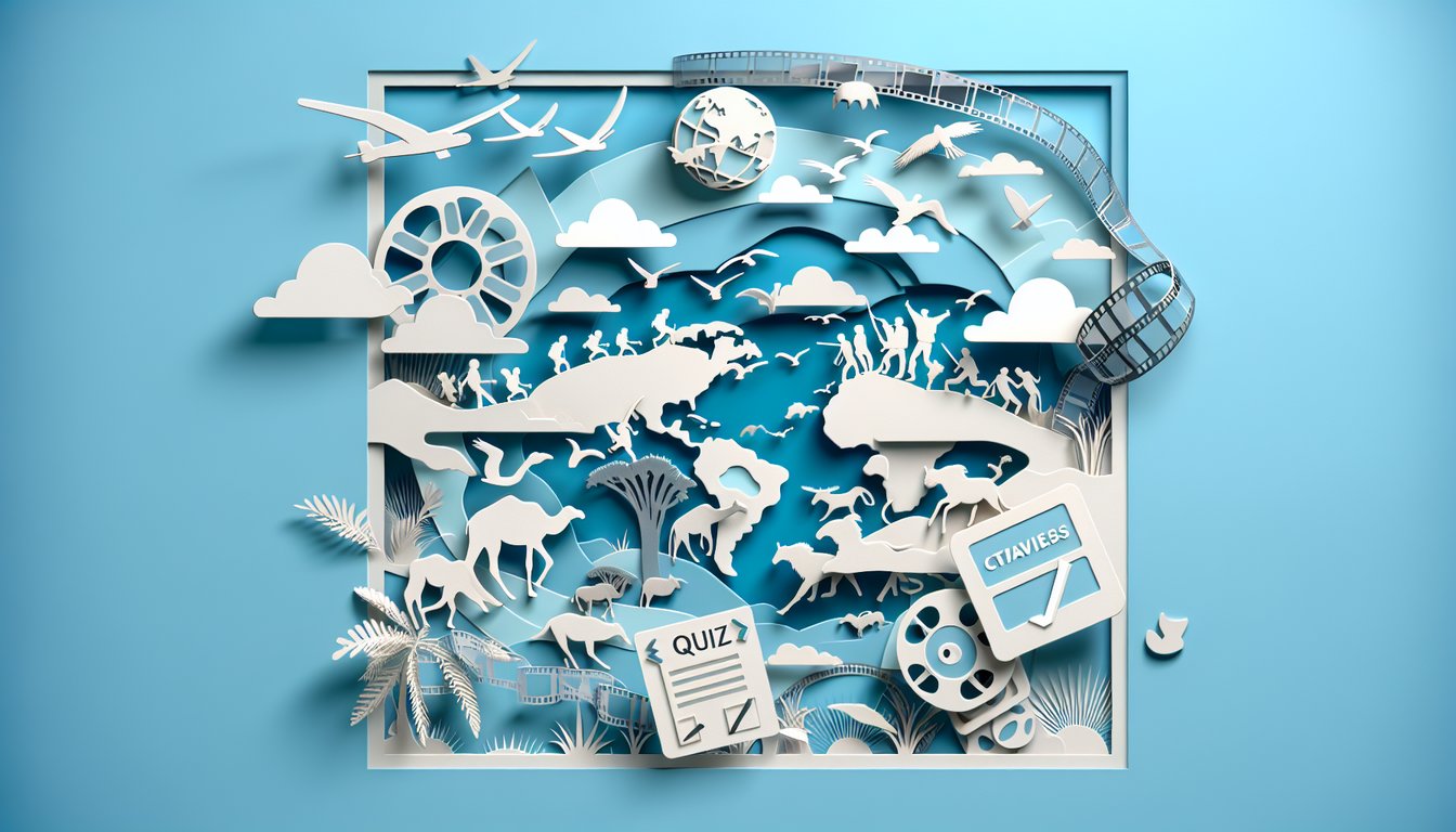 Paper art birds flying alongside film strips and a compass on a sky blue background for a migration movie quiz