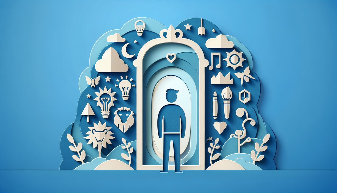 Paper art illustration for personality trait quiz on sky blue background