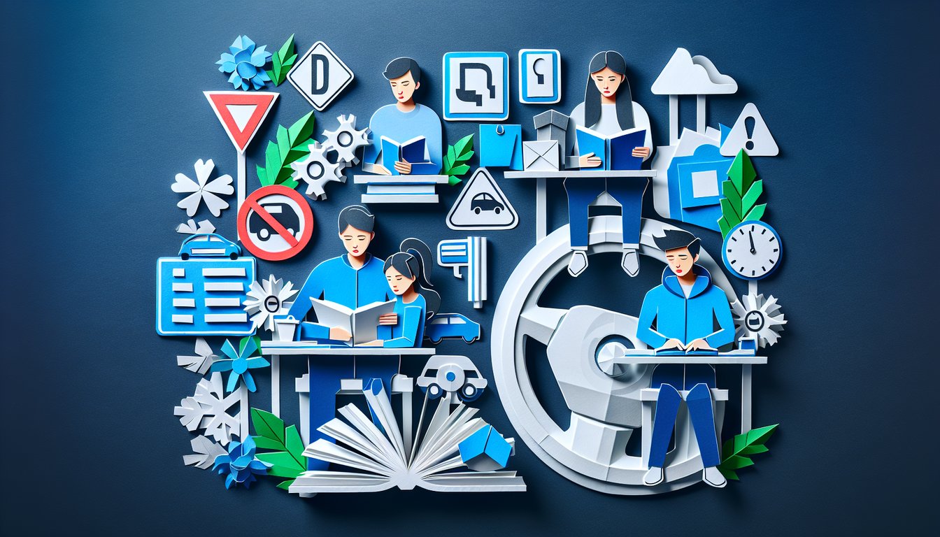 Colorful paper art promoting a trivia quiz for MS Permit Mastery driving exam prep.