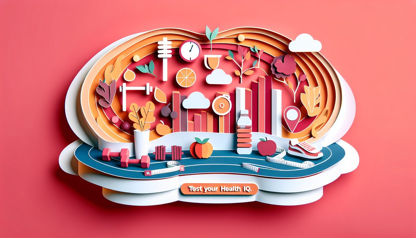 Paper art collage of dumbbell heart brain and question mark on coral background inviting wellness trivia quiz