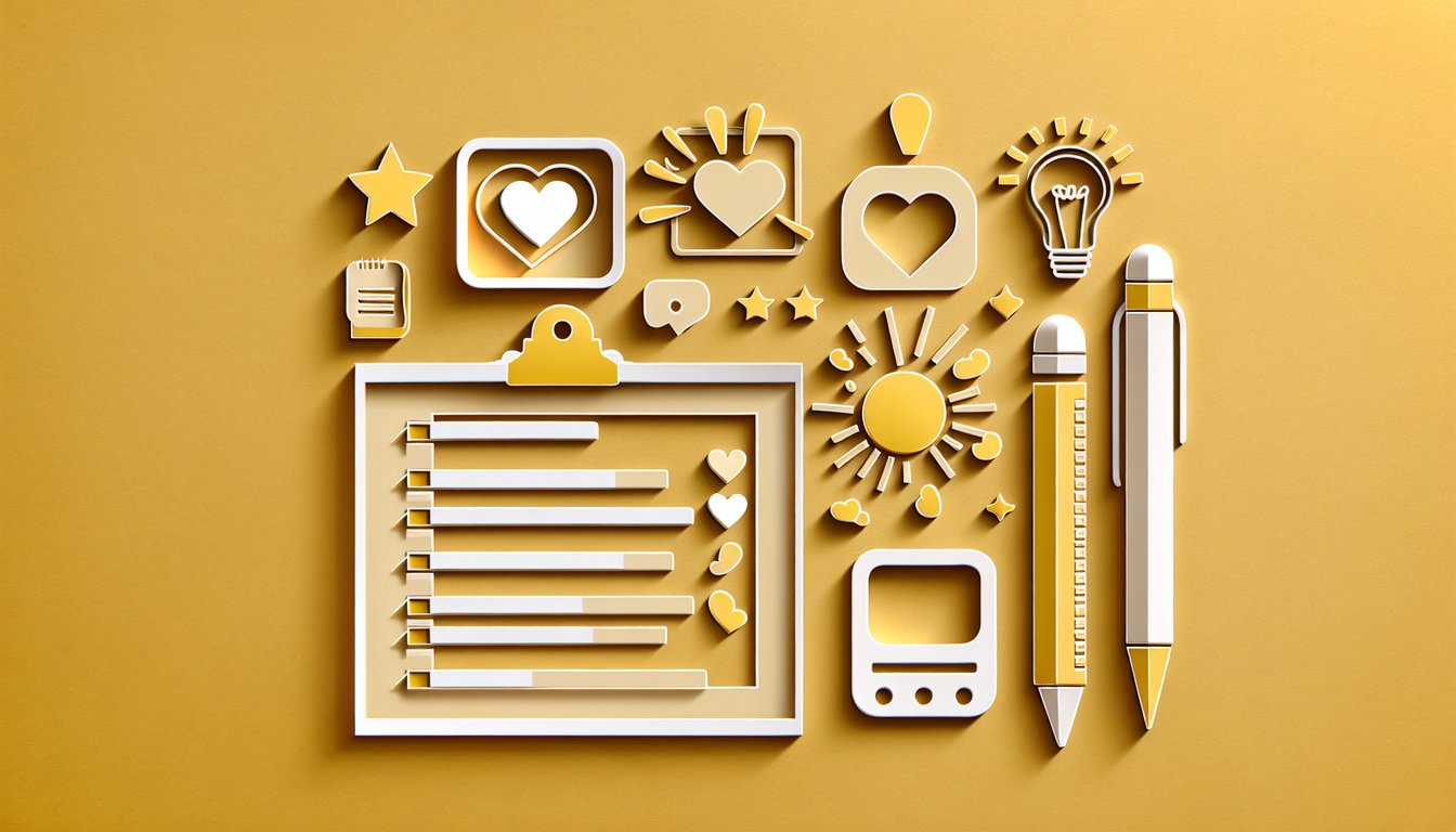 Paper art style cutout Asian man faces with hearts quiz prompt on golden yellow background
