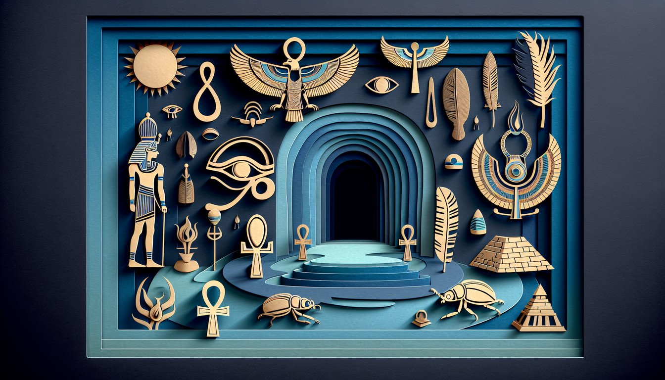 Layered paper art of Egyptian gods icons including Anubis Horus Isis with hieroglyph borders on dark blue background