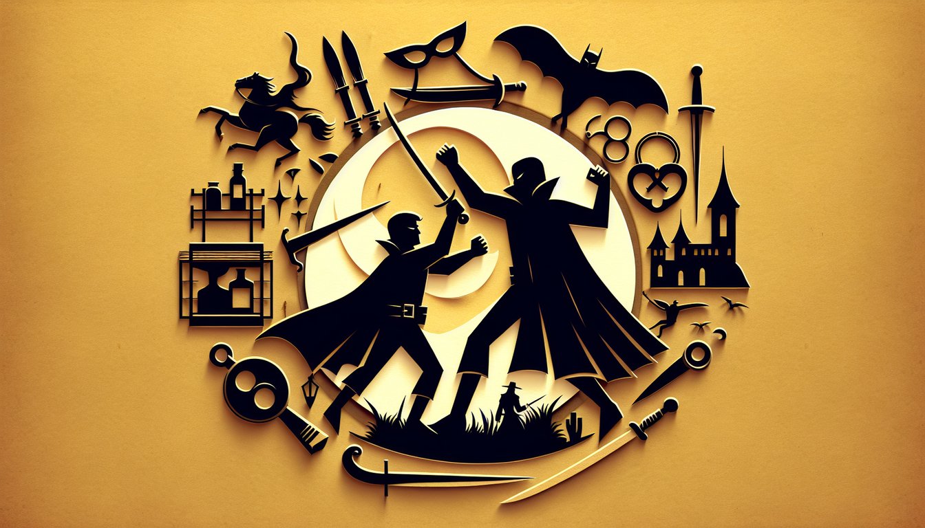 Paper art illustration of Zorro mask sword and shadow figures on golden yellow background