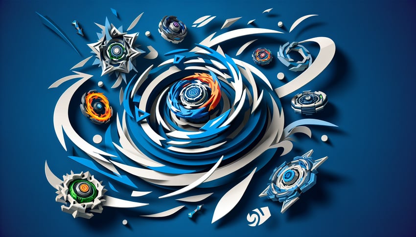 Paper art illustration of Beyblade spinning top and character silhouettes on dark blue background, quiz banner
