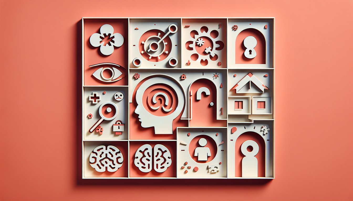 Paper art brain silhouette and layered faces on coral background for personality disorders quiz