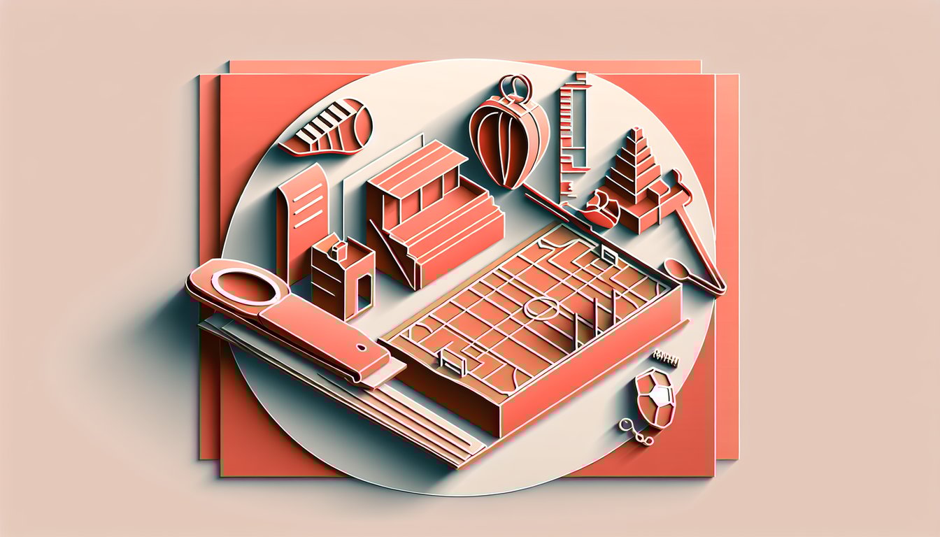 Paper art sports management MCQ quiz items clipboard calendar whistle megaphone stadium on coral background