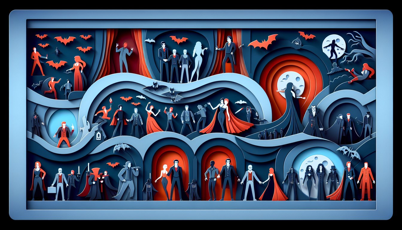 Paper art illustration for vampire trivia quiz on a dark blue background