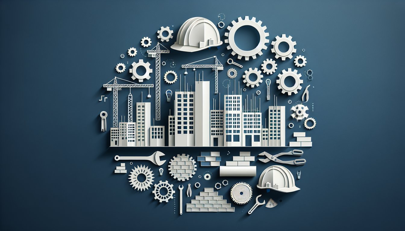 Colorful paper art depicting various construction tools for a Building Construction Knowledge quiz.