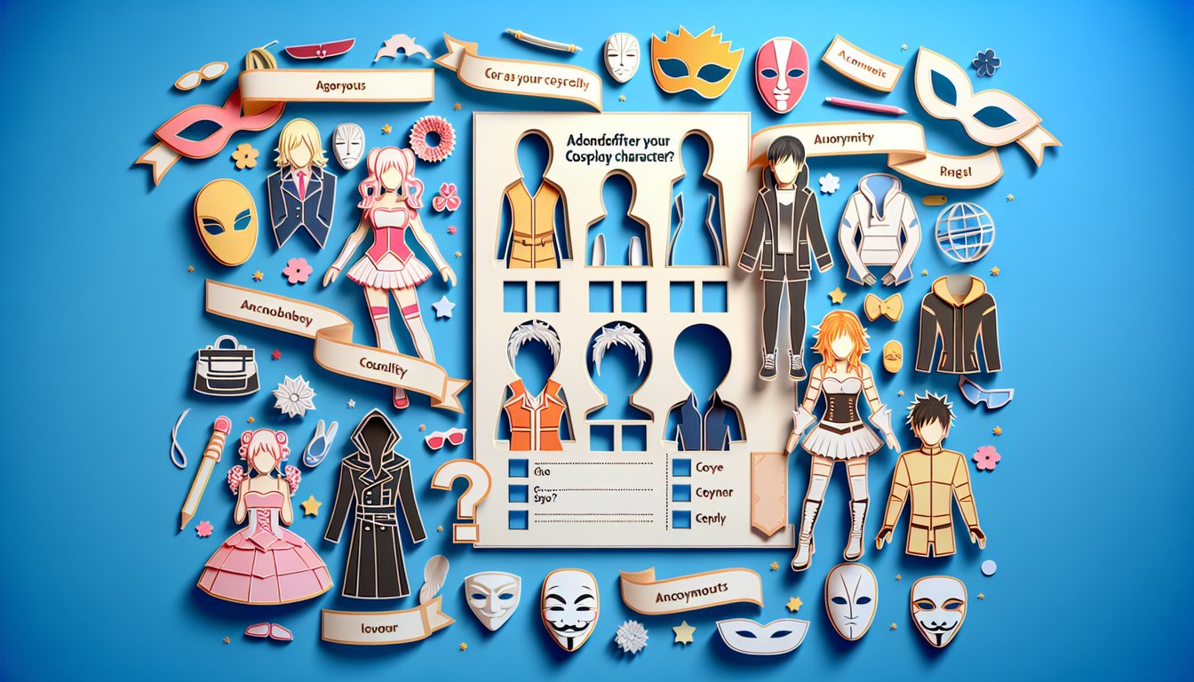 Paper art illustration for a cosplay personality quiz on a sky blue background