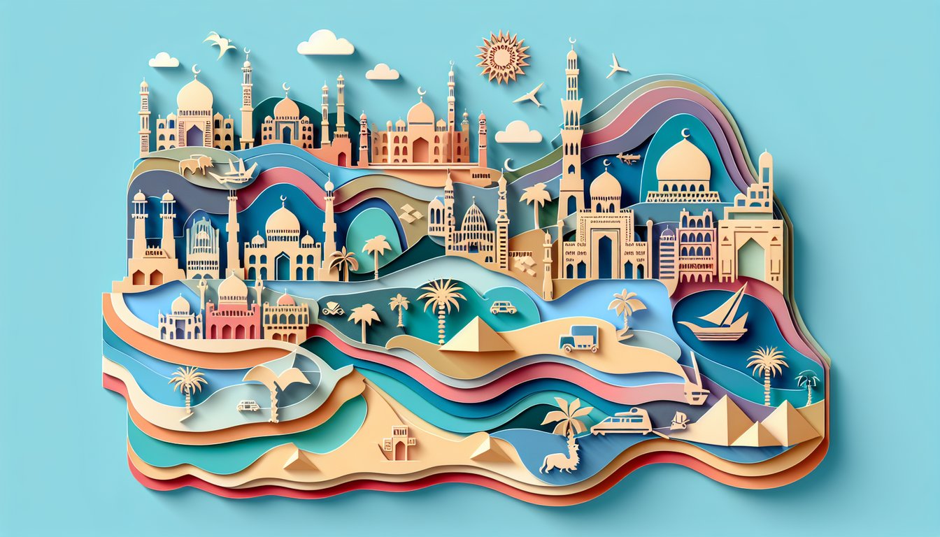 Paper art style map of Middle East countries on sky blue background for geography quiz