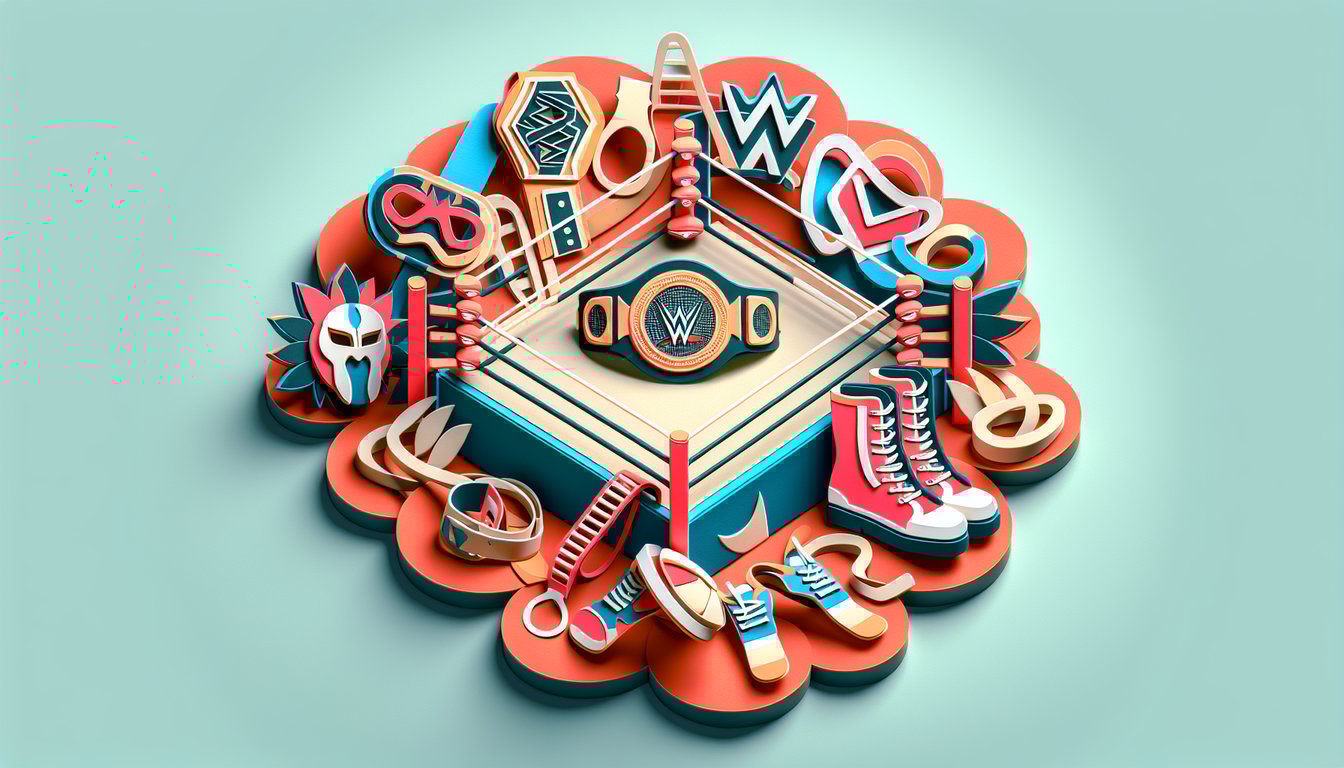 Paper art wrestling quiz scene coral background featuring ring ropes championship belt and question mark