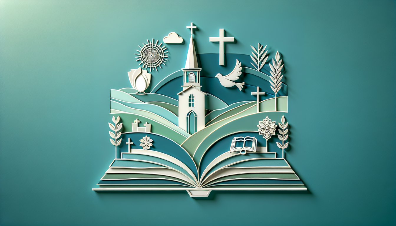 Paper art illustration for Christianity quiz on faith, doctrine, traditions on teal background