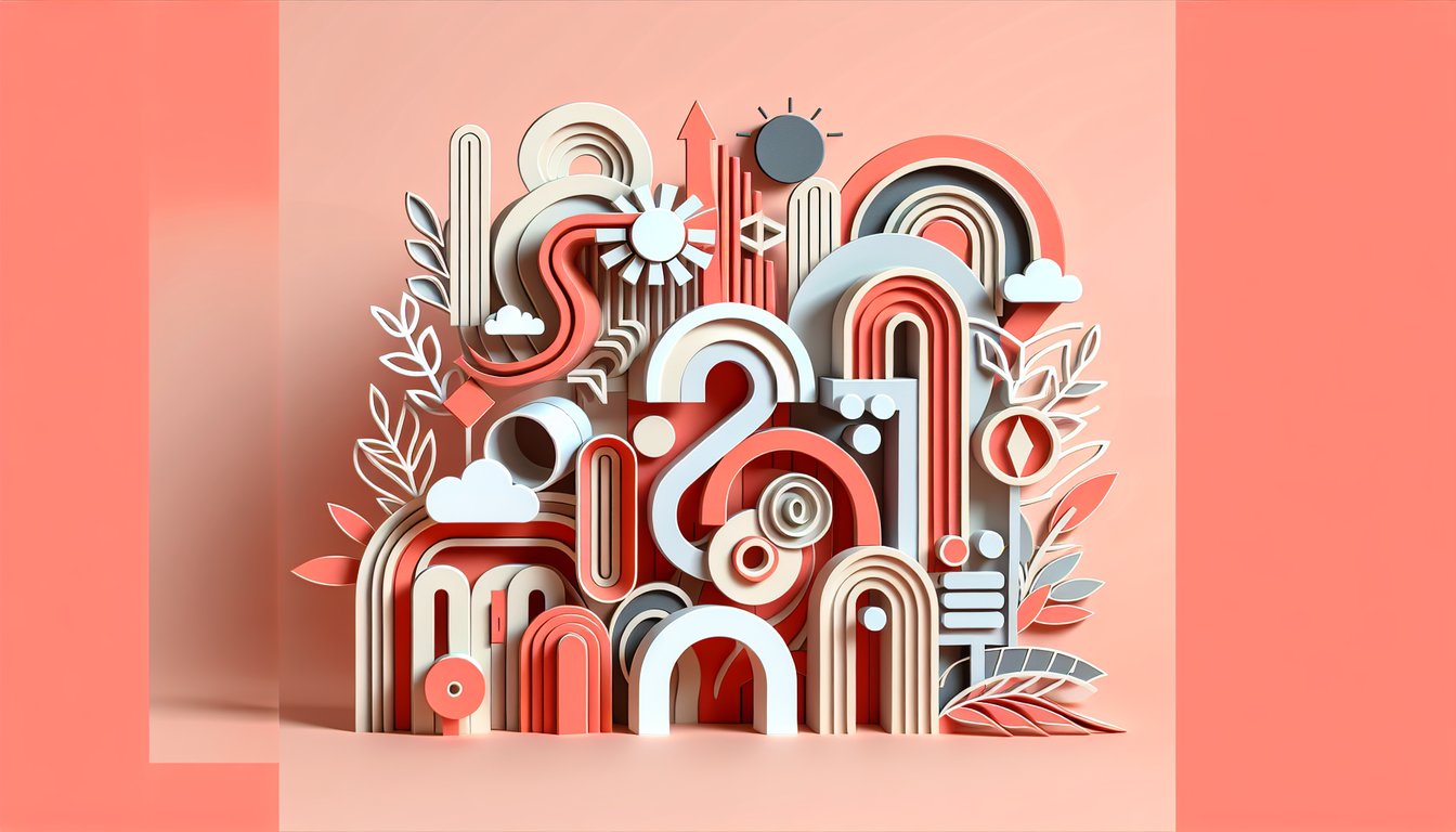 Paper art shapes and cutout text elements on coral background representing a quiz on natural and inverted sentence order