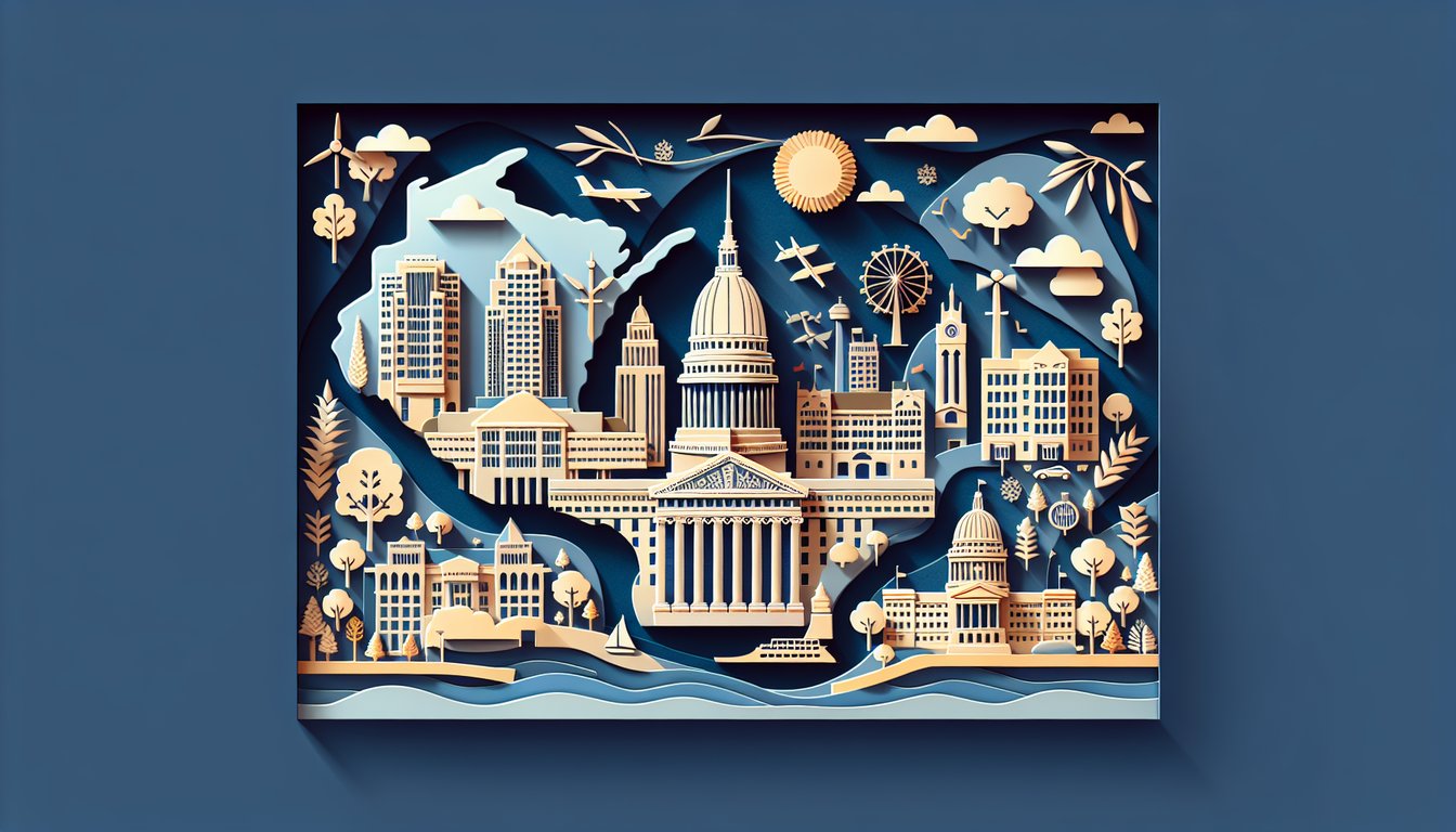Paper art collage on dark blue background featuring Wisconsin icons dairy cow cheese wedge capitol dome above quiz title