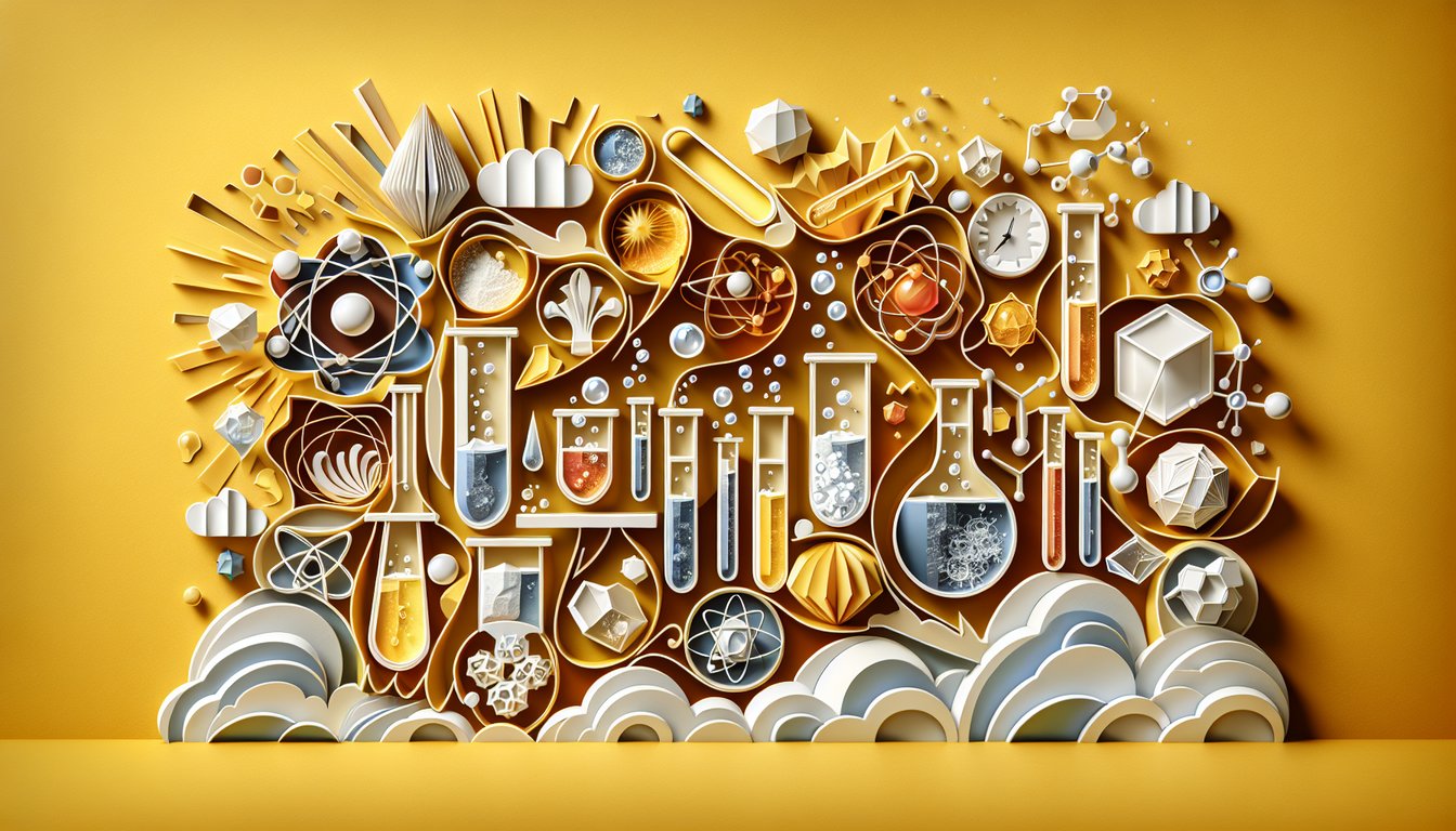 Paper art style beakers flasks molecules elements compounds icons quiz composition of mixtures golden yellow background
