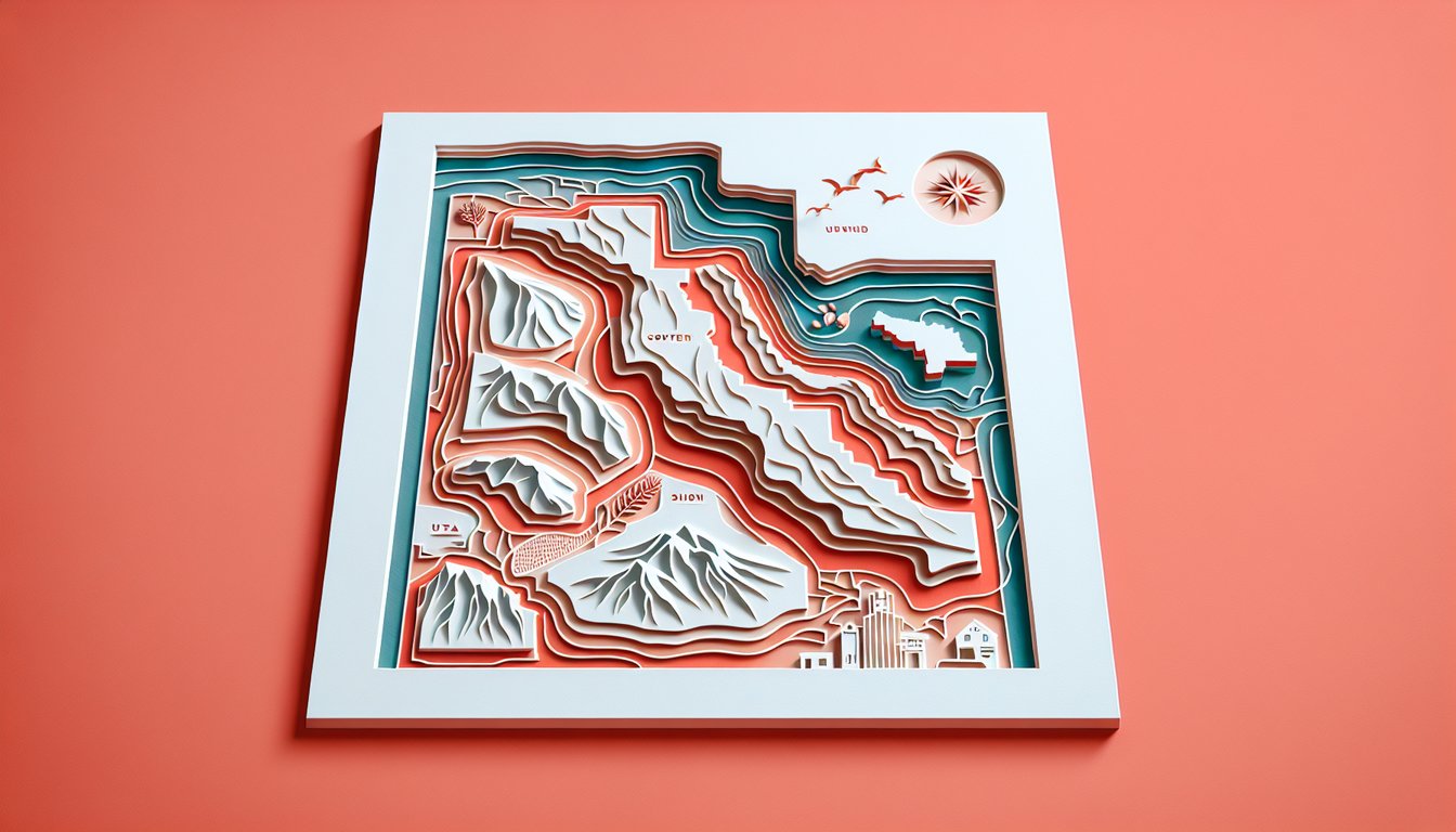 Paper art illustration of Utah map with county boundaries, quiz title text on coral background.