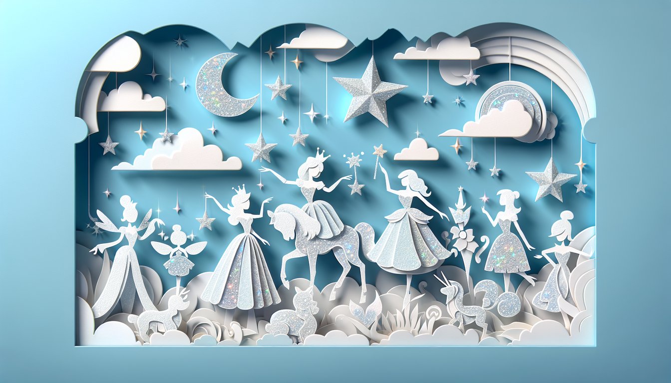 paper art illustration stylized Glitter Force heroes sparkles hearts clouds on sky blue background for personality quiz