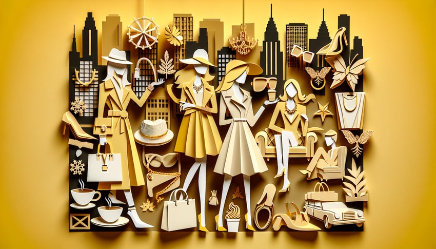 Paper art illustration for Gossip Girl quiz on golden yellow background