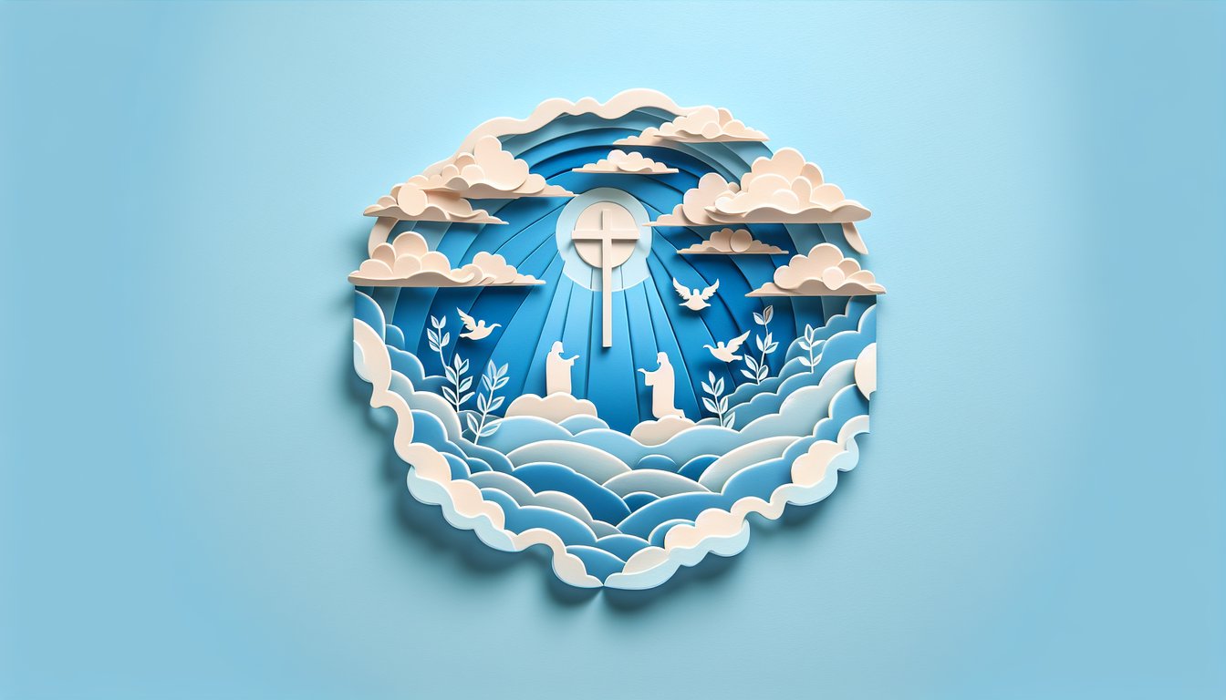 Paper art illustration for Bible Word Trivia quiz on sky blue background
